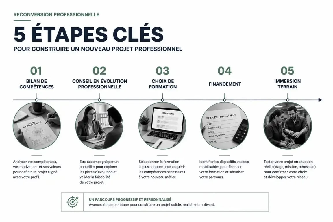 Étapes d'une idée de reconversion professionnelle jusqu'au projet finalisé