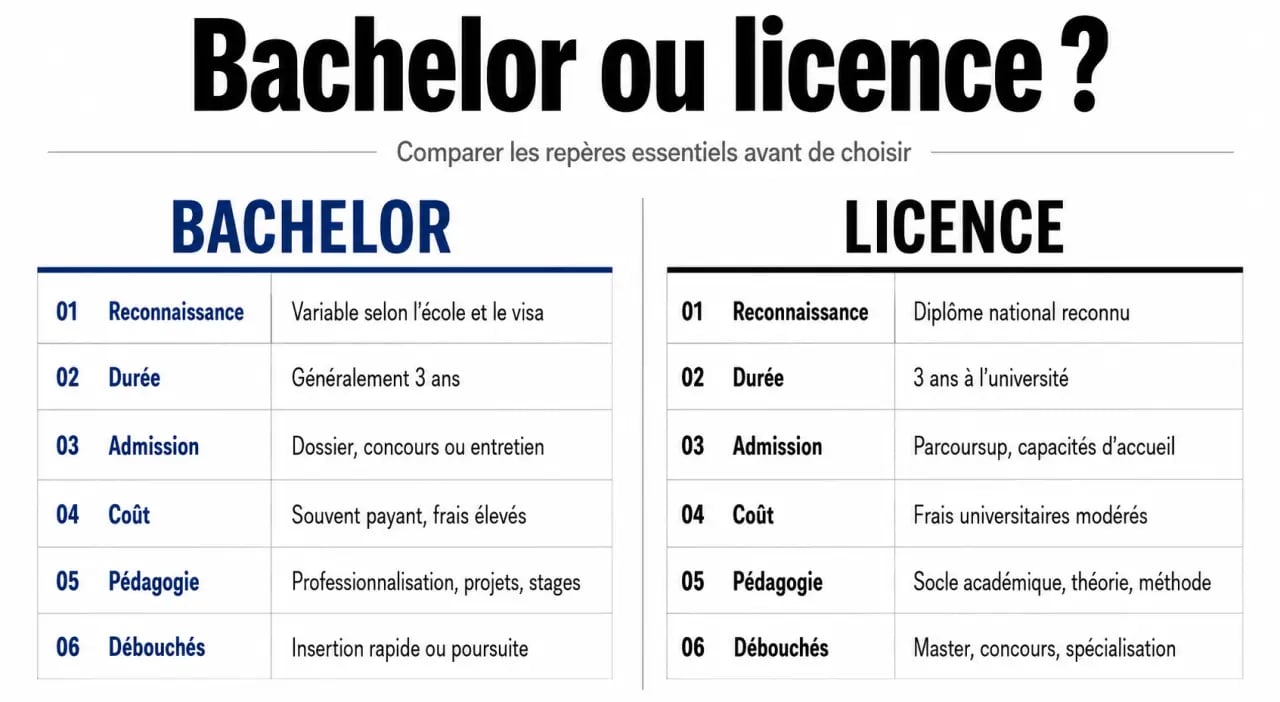 Bachelor ou licence : comparaison visuelle des différences de reconnaissance, coût, admission et débouchés