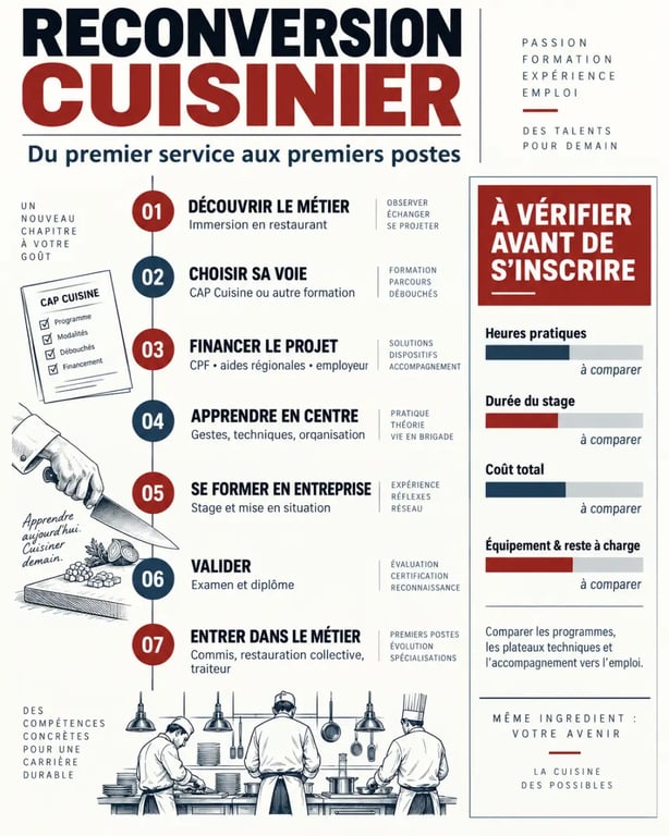 Infographie du parcours de reconversion cuisinier, de la formation au premier emploi