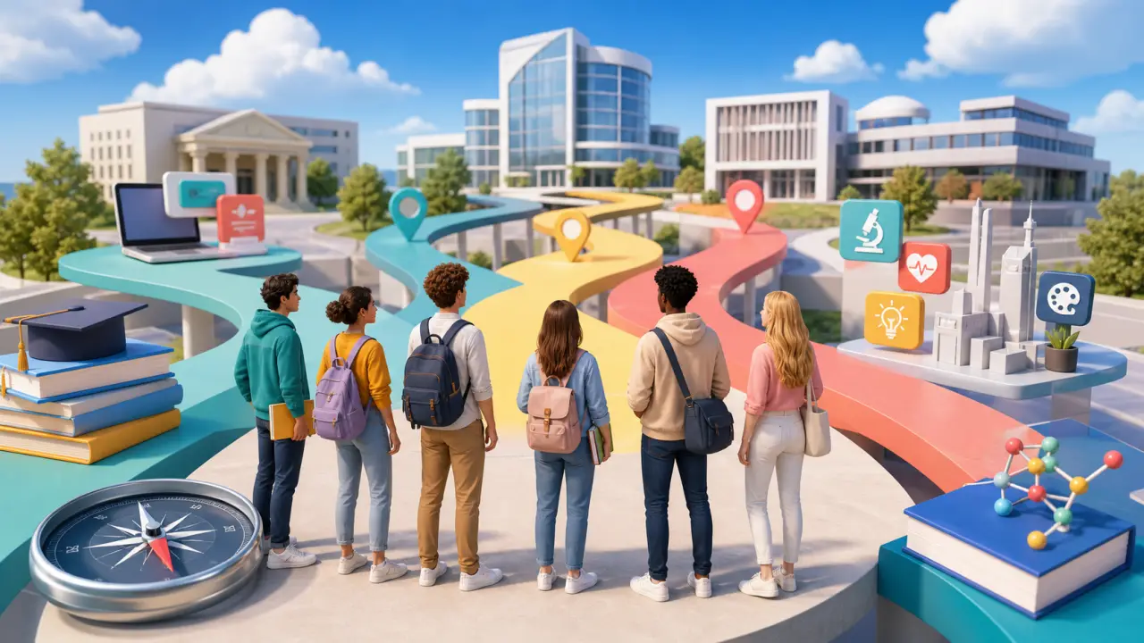Illustration 3D d'un chemin d'orientation vers les écoles qui montent après le bac