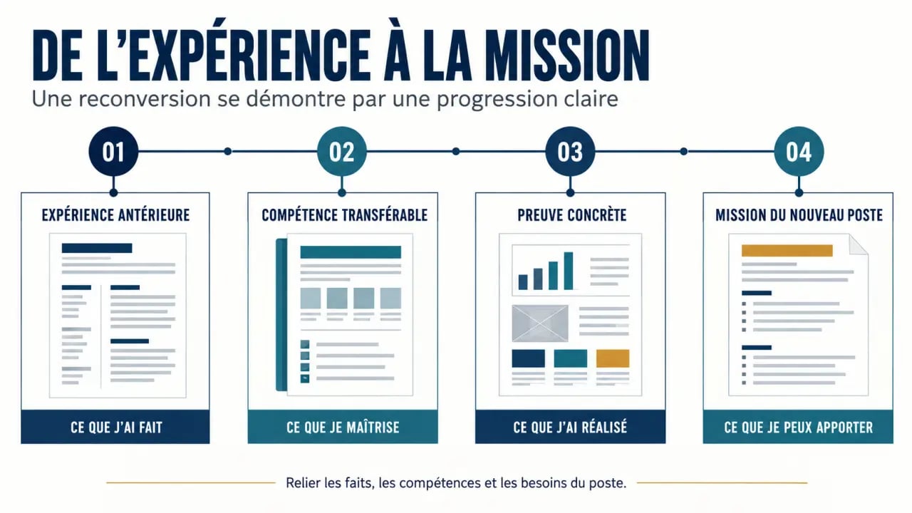 Lettre de motivation reconversion professionnelle : relier expérience, compétences transférables, preuves et nouveau poste