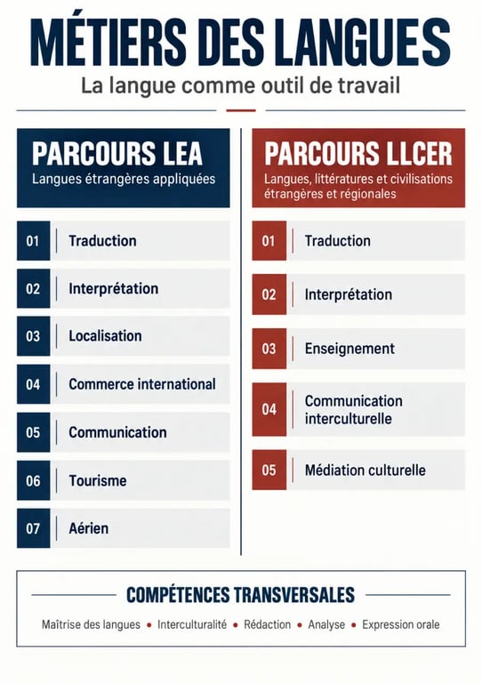 Infographie sur les métiers des langues, les débouchés et les parcours LEA ou LLCER