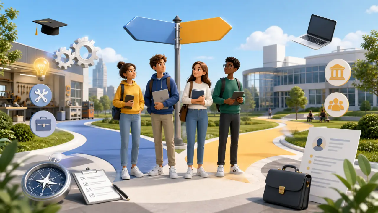 Illustration 3D d'un parcours vers l'emploi avec blocs colorés et ascendants
