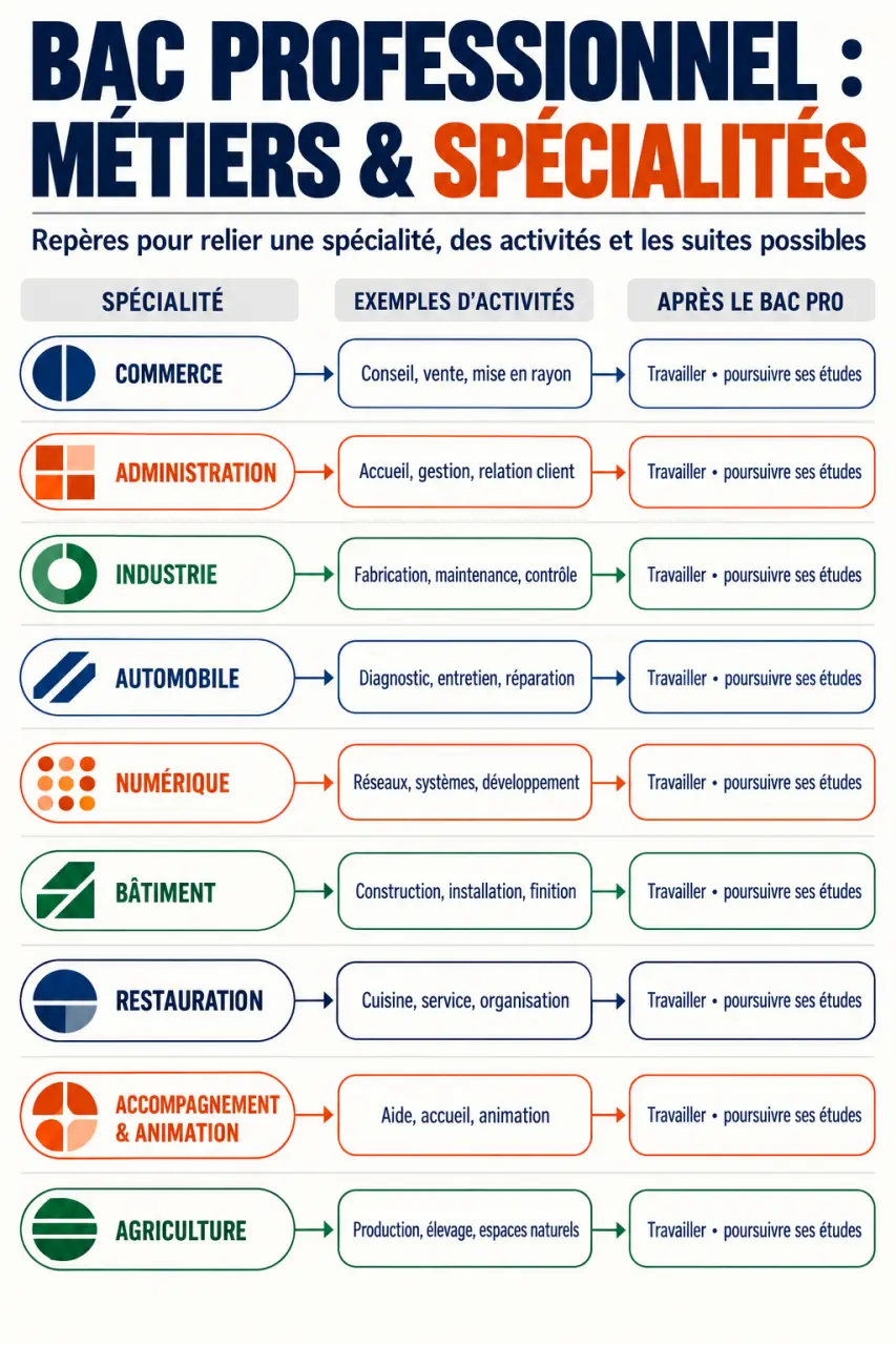 Infographie des secteurs et métiers accessibles après un métier bac pro