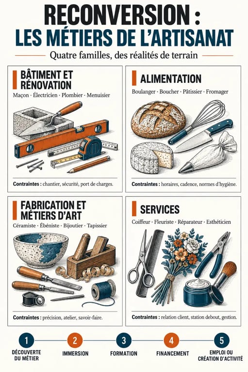 Infographie sur la reconversion artisanat et les quatre familles de métiers
