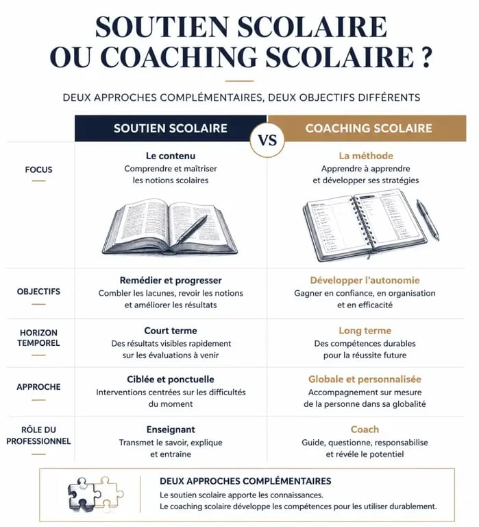 Infographie comparative entre le soutien scolaire et le coaching scolaire pour aider les parents à choisir le bon accompagnement.