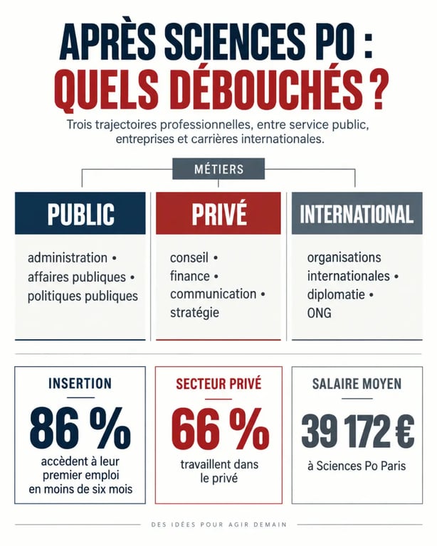 Infographie sur les sciences po débouchés, les secteurs, l’insertion et les salaires