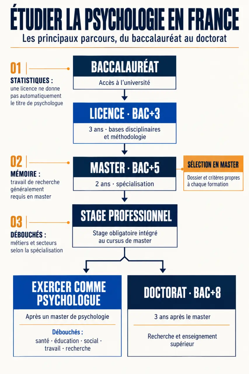 Infographie sur les études en psychologie, du bac au master et au doctorat