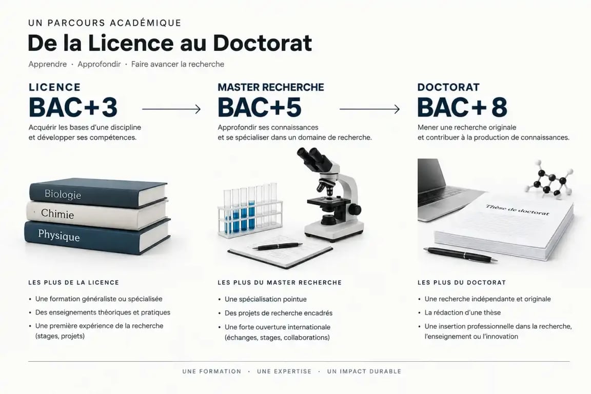 Schéma du parcours académique vers un master recherche et un doctorat