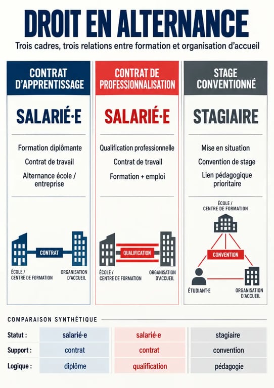 Infographie sur le droit en alternance et les différences entre apprentissage, professionnalisation et stage