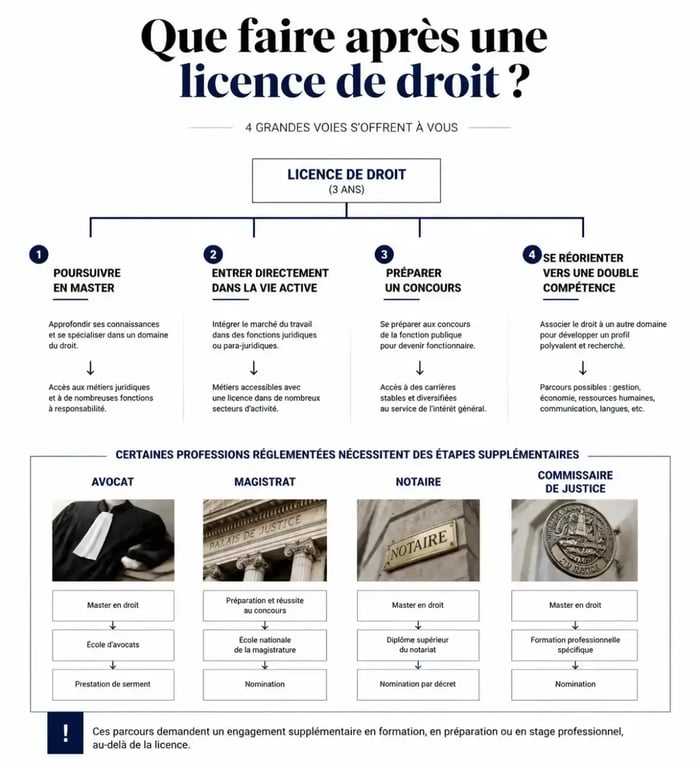Infographie sur que faire après une licence de droit et les principales voies d’orientation