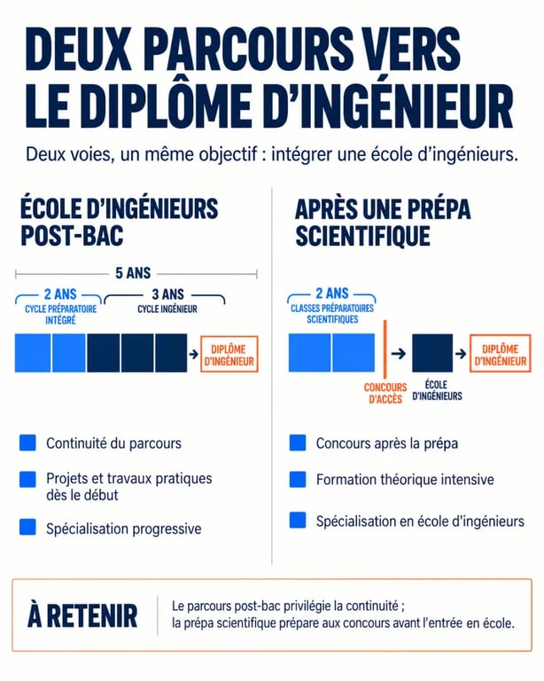 Infographie sur le parcours d'une école d'ingénieurs post-bac et la différence avec la prépa scientifique