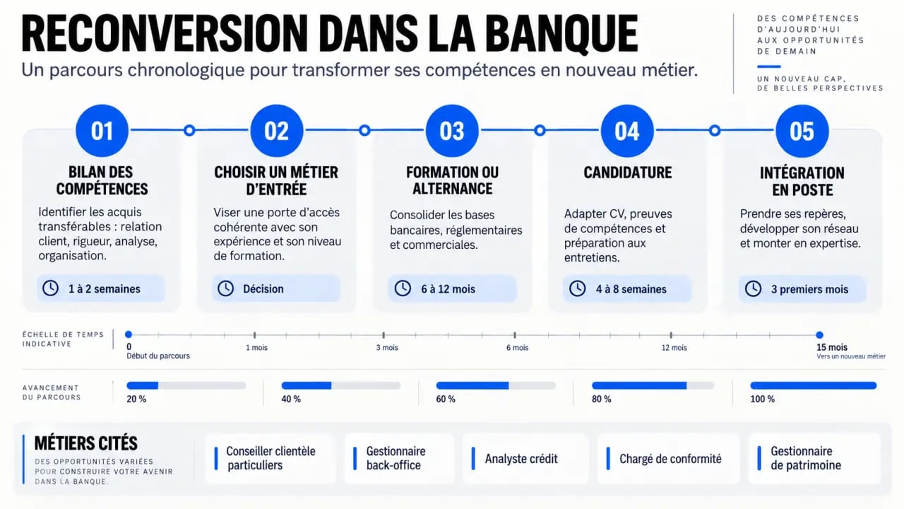 Infographie du parcours de reconversion banque et des métiers accessibles