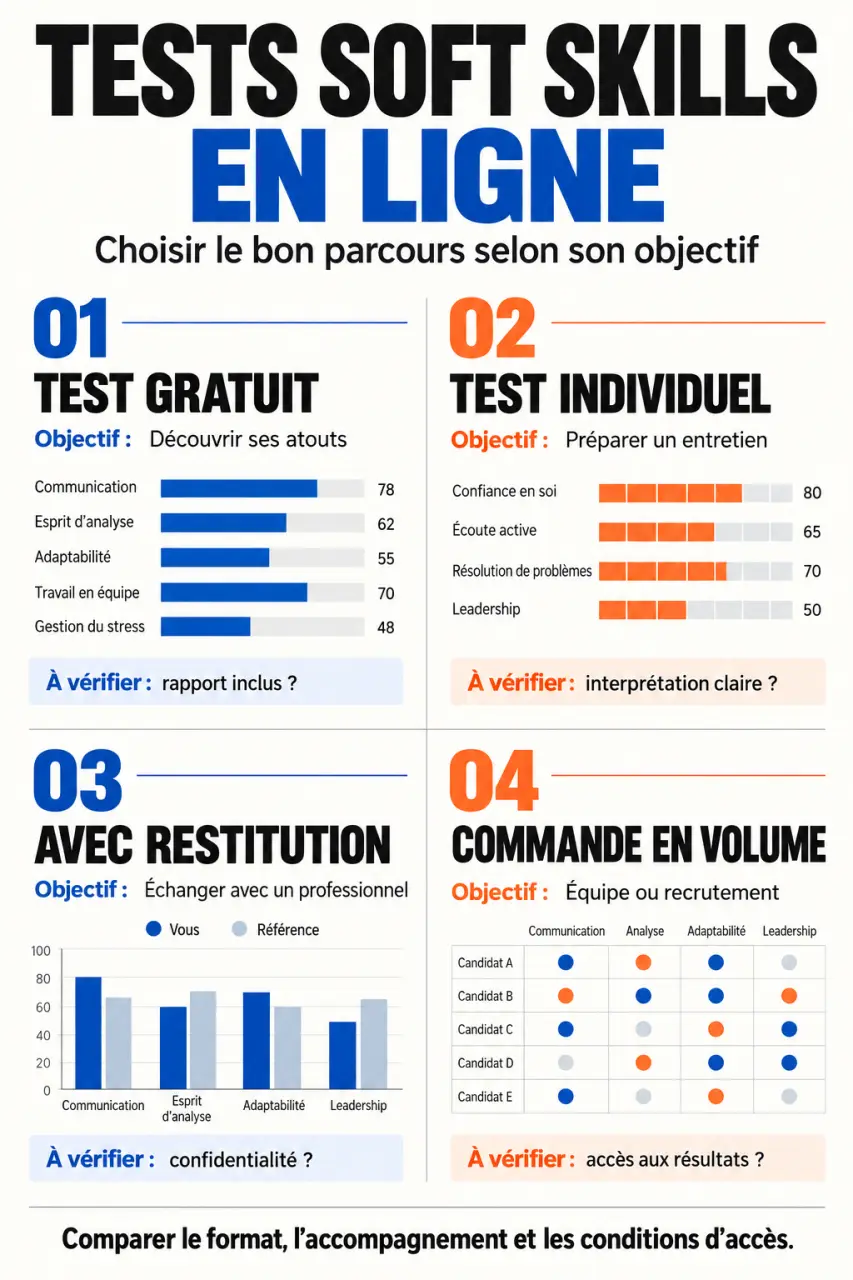 Test soft skills en ligne : infographie des formules gratuites, individuelles, accompagnées et en volume