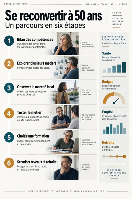 Infographie sur la reconversion professionnelle à 50 ans et les étapes pour sécuriser son projet